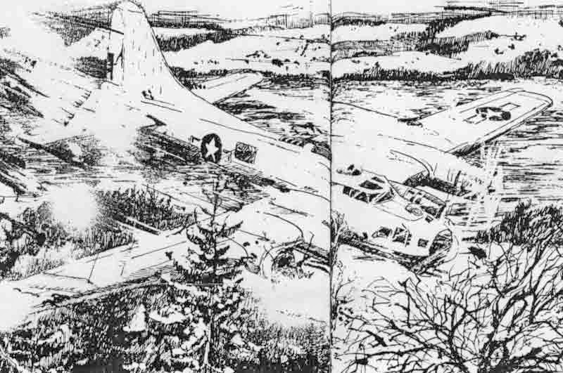 Die Zeichnung von Ludwig Suter zeigt die Notlandung bei Müswangen. (303_2)